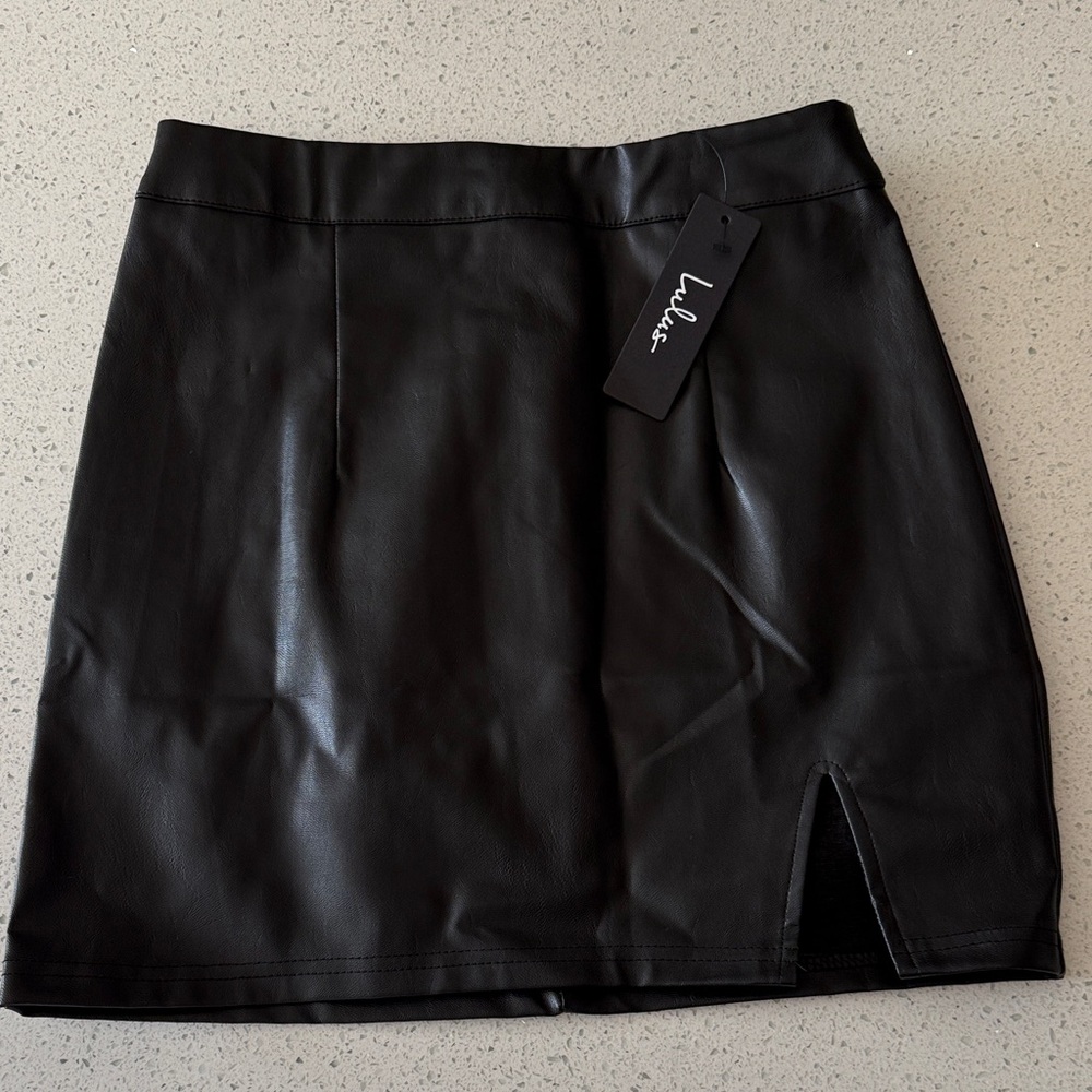 Lulu's Black Faux Leather Mini Skirt with Notch Detail